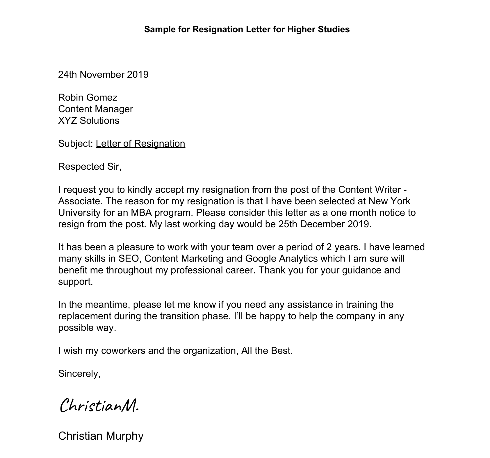 Resignation Letter For Higher Studies Sample 1 