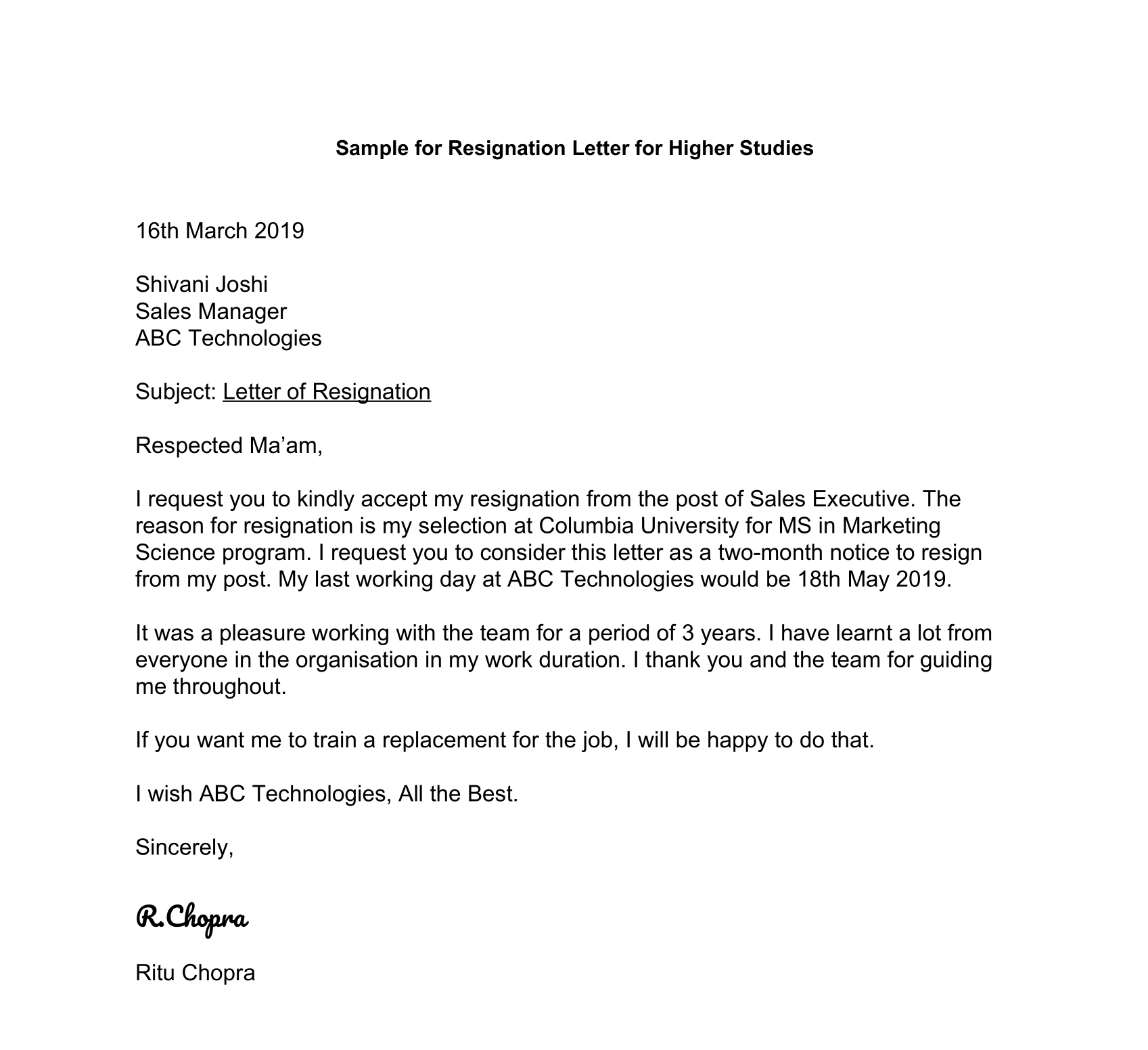 formal resignation letter 1 month notice