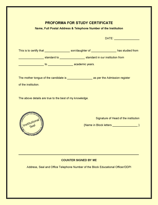 Study Certificate Format