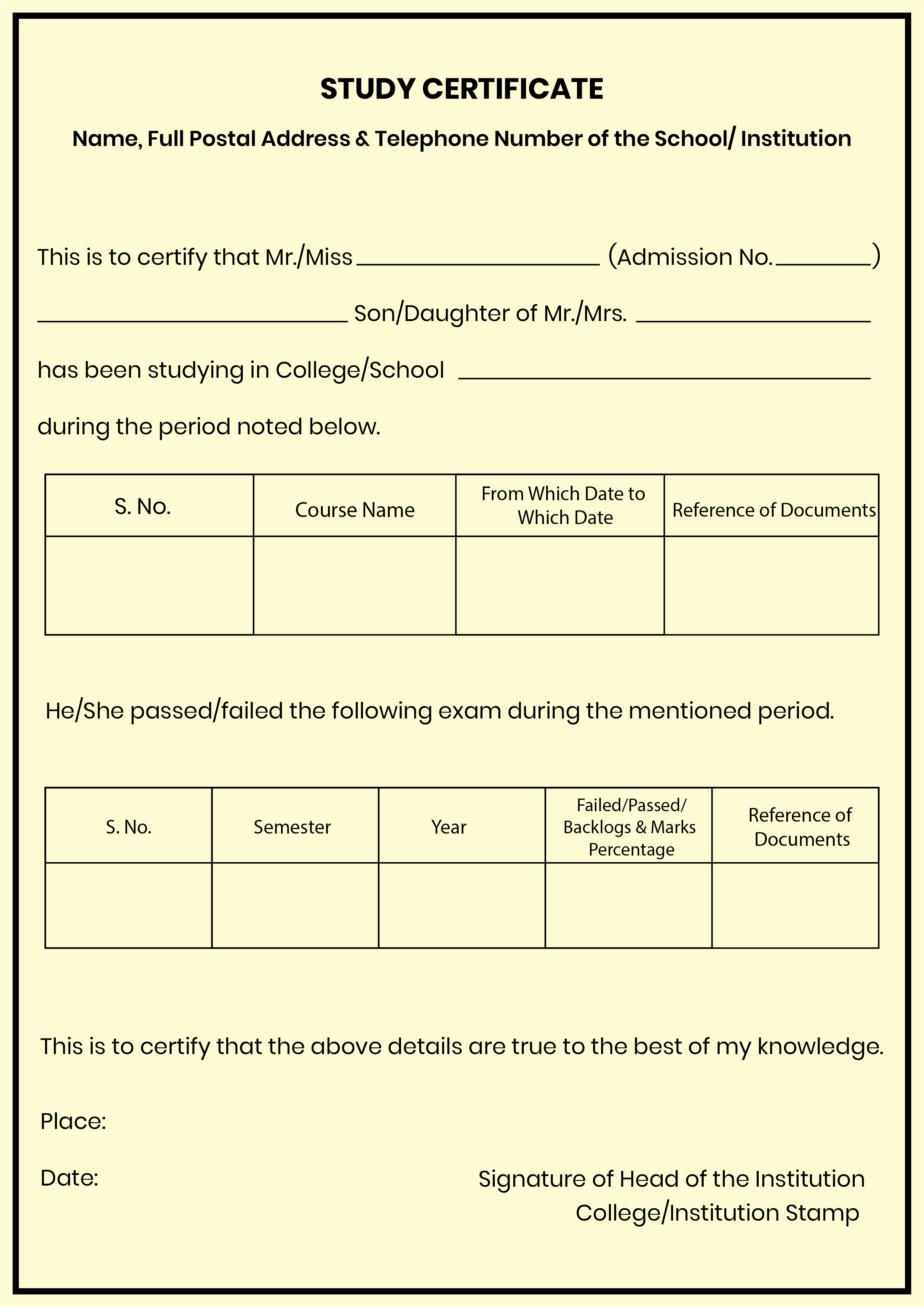 Study Certificate Format for College Students