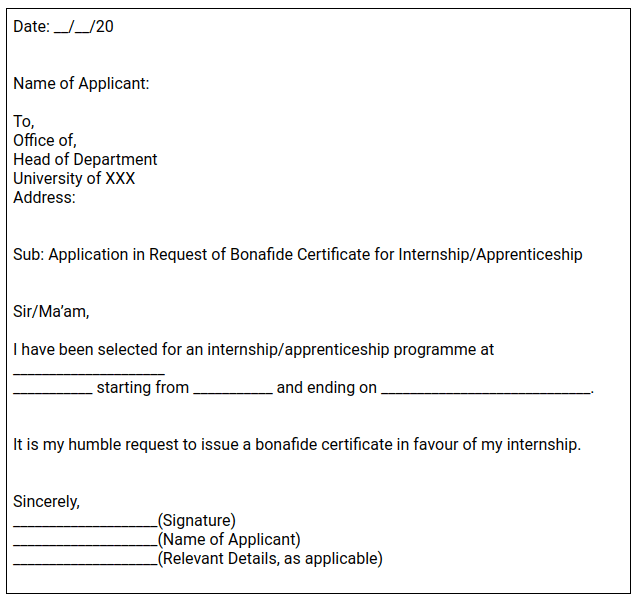 Application for Bonafide Certificate for Internship/Apprenticeship
