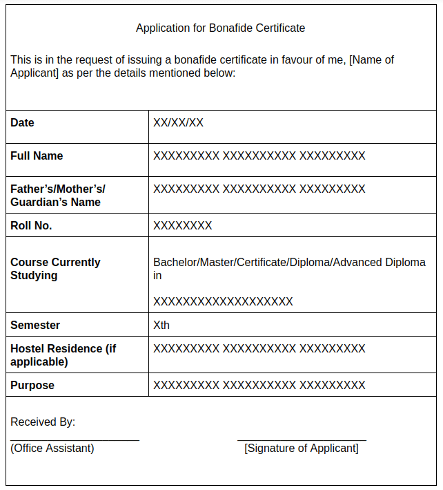 Application for Bonafide Certificate for Students