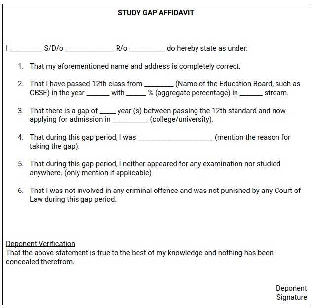 Study Gap Affidavit Format after 12th