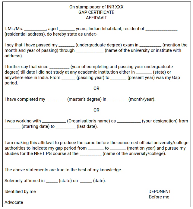GAP Certificate format for NEET PG/UG