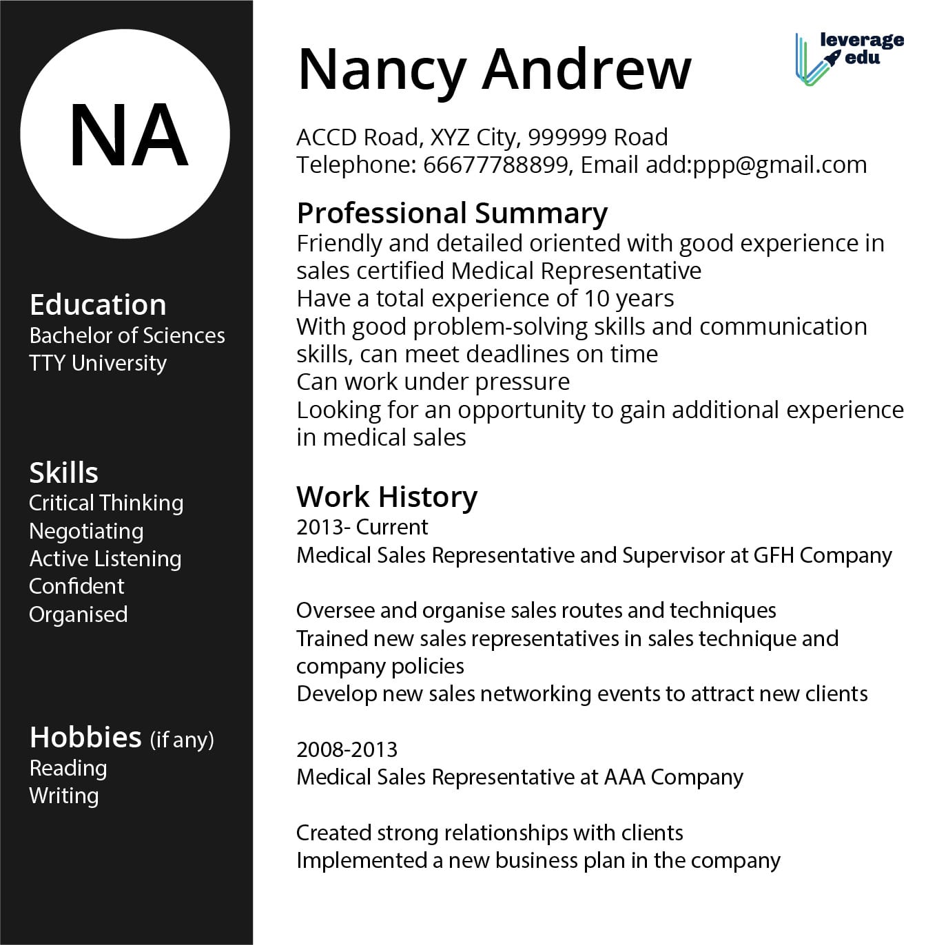 Medical Representative Resume [With Sample] Leverage Edu