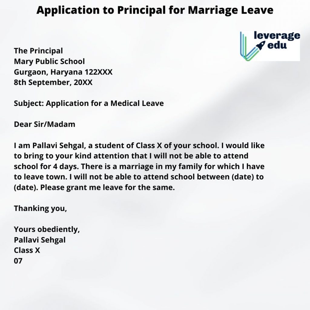 Sample Application to Principal for Leave Due to Marriage in Family
