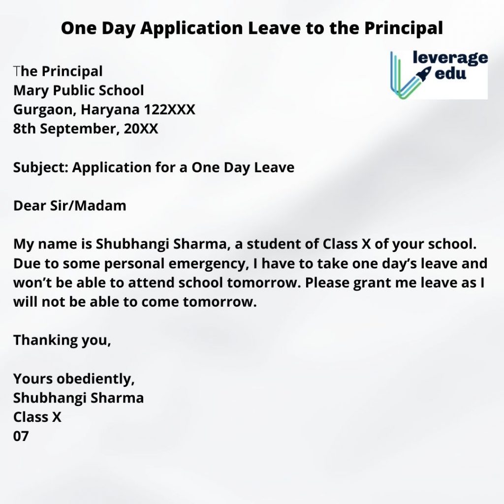 Sample Application to the Principal for One Day's Leave