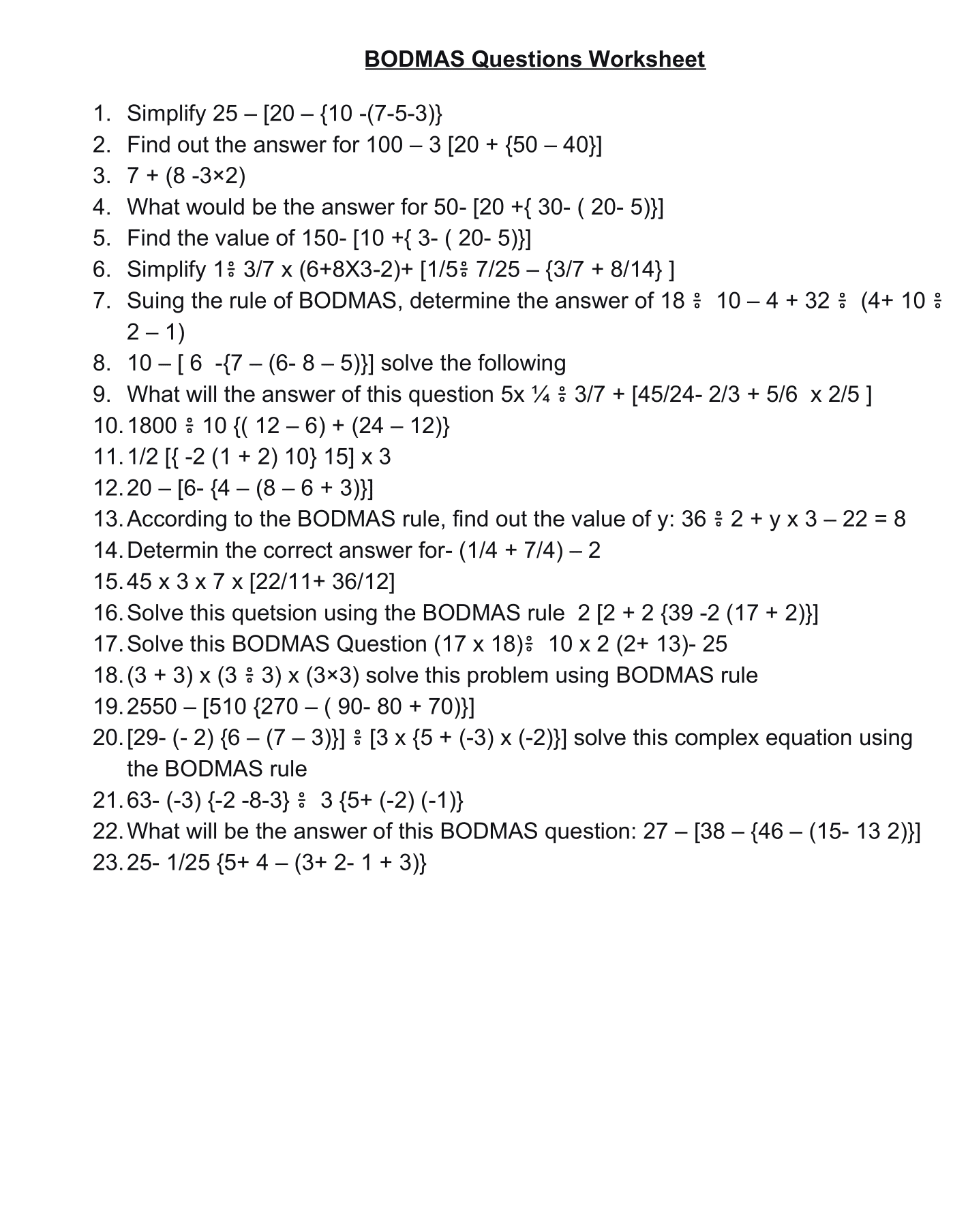 BODMAS Questions Worksheet