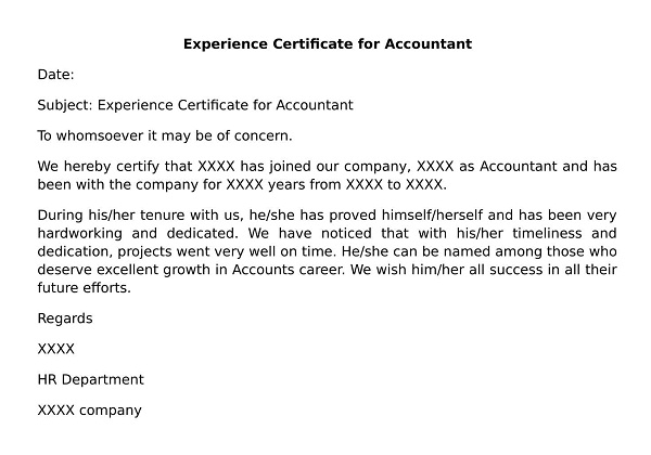 Sample Work Experience Letter for Accountant