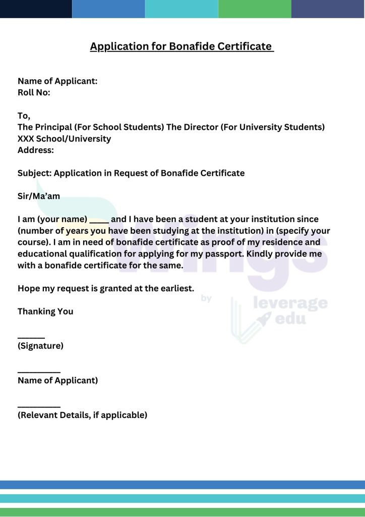 Bonafide Application Format for Passport