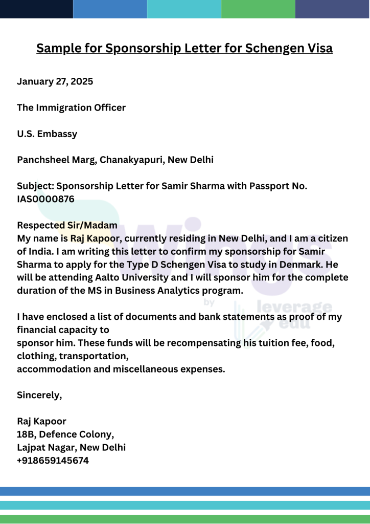 Sample for Sponsorship Letter for Schengen Visa