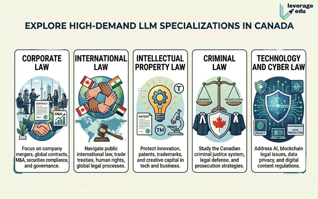 LLM Specializations in Canada infographic, exploring high-demand law fields.