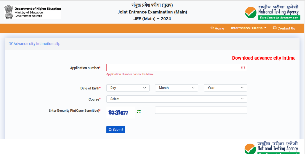 City Intimation Slip JEE 2024 Link Download