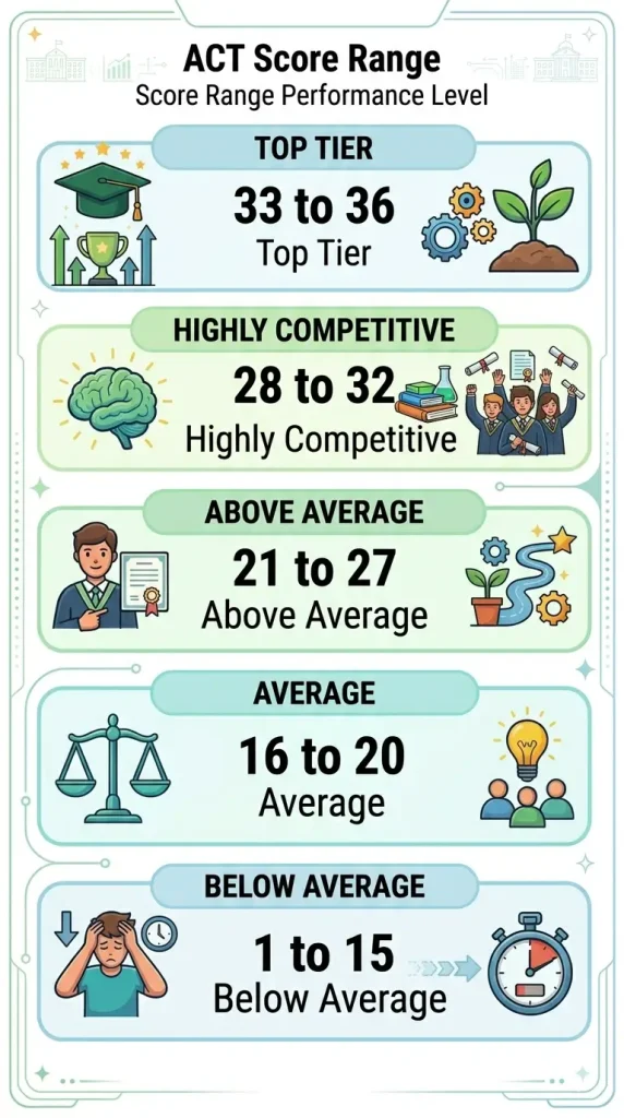 ACT score ranges and college readiness tiers, from top tier to below average.