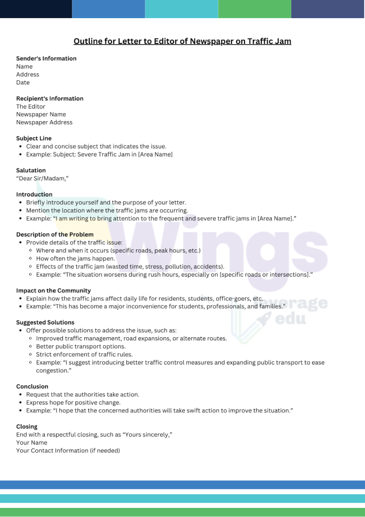 Format for a Letter to the Editor of a Newspaper on Traffic Jam