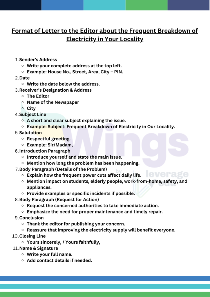Format for Writing a Letter to the Editor About the Frequent Breakdown of Electricity in Your Locality