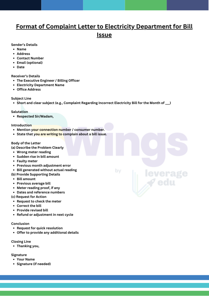 Format of Write a Complaint Letter to Electricity Department for Bill Issue