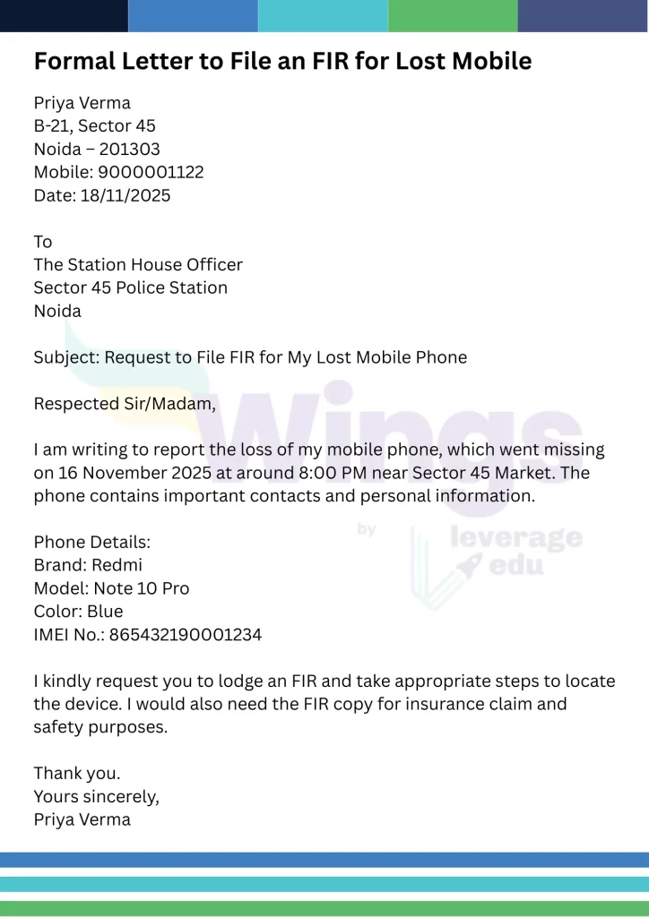 Formal Letter to File an FIR for Lost Mobile: Sample 4